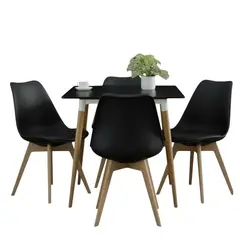 GENERICO - Comedor Cuadrado Color Negro + 4 Sillas con Asiento Color Negro