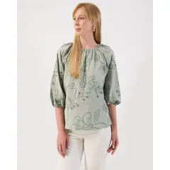 PATPRIMO - Blusa Ojalillos Escote Fruncido Manga Globo Para Mujer Verde