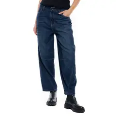 COLOR BLUE - Barrel Jeans Tono Oscuro Con Cortes