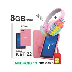 KRONO - Tablet Niños 7 Pulgadas Sim Card 64GB Android 13 + Diadema ROSADO