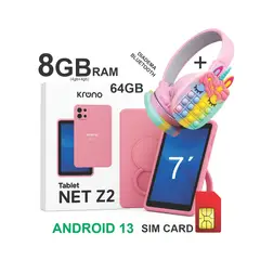 KRONO - Tablet Niñas 7 Pulgadas Sim Card 64GB Android 13 + Diadema ROSADO