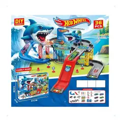 GENERICO - Pista de Autos Tipo Hot Wheel con Tiburón – Set de Carreras DIY 38 Piezas