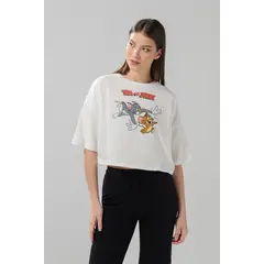 KOAJ - Camiseta oversize crop top crema de Tom y Jerry Mujer