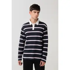 KOAJ - Camiseta polo azul con manga larga y rayas en contraste Hombre
