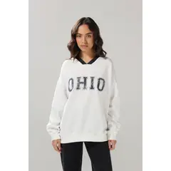 KOAJ - Buzo cuello V crema claro oversize con arte college Mujer