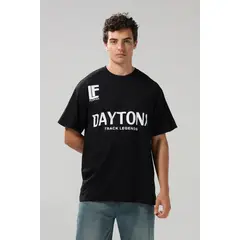 KOAJ - Camiseta negra oversize manga corta con diseños college Hombre