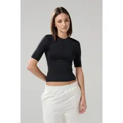KOAJ - Camiseta unicolor ajustada con cuello redondo y manga 3 Mujer