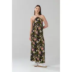 KOAJ - Vestido largo negro con diseños de flores y manga sisa Mujer