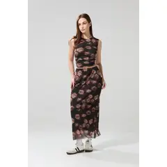 KOAJ - Falda larga café oscura con diseños de flores y tiro al Mujer