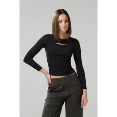 KOAJ - Blusa crop top unicolor con manga larga y cuello bandej Mujer