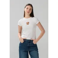 KOAJ - Camiseta de Tom y Jerry crema acanalada manga corta Mujer