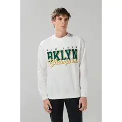 KOAJ - Buzo crema claro college con cuello redondo Hombre