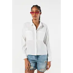 KOAJ - BLUSA UNICOLOR CUELLO CAMISERO MANGA LARGA CON CHARRET Mujer