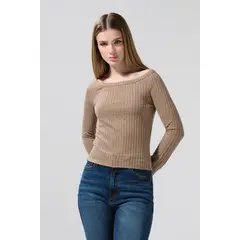 KOAJ - Camiseta crop top unicolor con manga larga y cuello ba Mujer