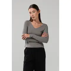KOAJ - Camiseta manga larga unicolor acanalada con cuello V Mujer