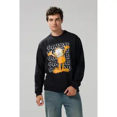 KOAJ - Buzo negro cuello redondo con estampado de Garfield Hombre