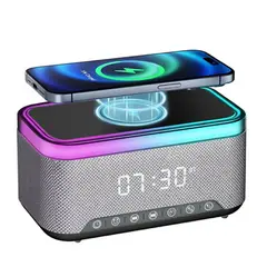 GENERICO - Parlante Reloj Despertador Con Carga Inalámbrica Funciones Multifuncionales Bluetooth FM Luces Led