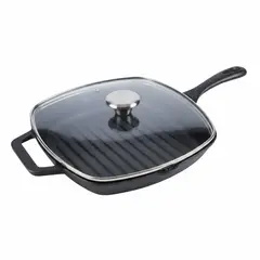 VICTORIA - Combo Sartén Para Asar de Hierro Fundido Con Tapa de Vidrio 25 X 25 Cm