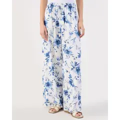 PATPRIMO - Pantalón Fluido Estampado Floral Ancho Para Mujer Azul