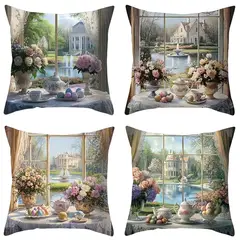 GENERICO - Juego de 4 Fundas para cojínes Vintage Ventanas – 45x45cm (sin el relleno)