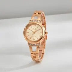 Q&Q - Reloj Oro Rosa Con Piedras Acero Inoxidable Original + Caja