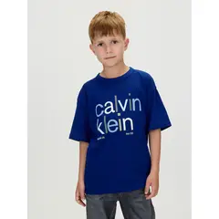 CALVIN KLEIN - Camiseta azul de manga corta con estampado de logo multicolor
