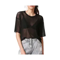 VIA7 - Blusa Transparente en Malla manga corta estilo recto