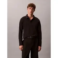 CALVIN KLEIN - Polo negro manga larga de algodón premium con tejido interlock