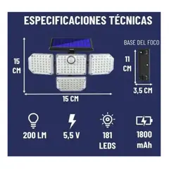 GENERICO - Lampara Solar de Pared Led Superbrillante x4 con Sensor y Angulo Ajustable