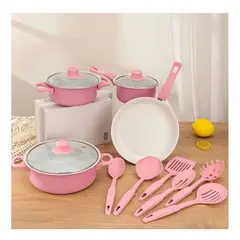 CHINA GLAZE - Set de Ollas y Sartenes Rosados de Cocina 13 Piezas Ideal para Uso Diario