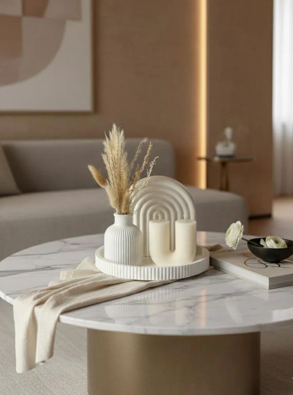 Imagen de Decorativo centro de mesa mueble o habitación moderno minimalista 4 piezas y flores