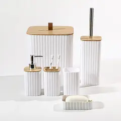 TRIPLE CLEAN - Elegante Set De 6 Accesorios Baño Tapa Bamboo