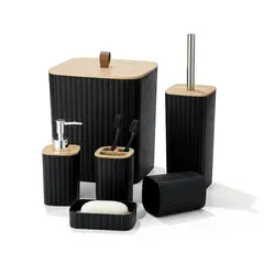 TRIPLE CLEAN - Elegante Set De 6 Accesorios Baño Tapa Bamboo