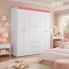GENERICO - Clóset o Armario 6 puertas 2 cajones blanco con detalle rosado 153cm