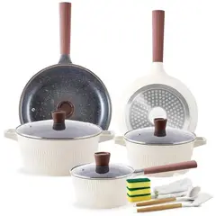 GENERICO - Juego de Ollas y Sartenes en Granito 16 Piezas Antiadherente con Tapa de Vidrio