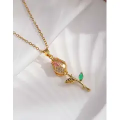 STAINLESS STEEL - Collar Cadena Con Dije Tulipan Rosado Con Circon En Acero