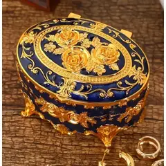 ITALIANA - Joyero Ovalado Italy Antiguo Bronce Baño Oro Porcelana Azul