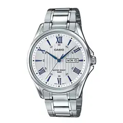 CASIO - Reloj Para Hombre Elegante MTP-1384D-7A2 Plateado Numeros Romanos En Azul Esfera Blanca
