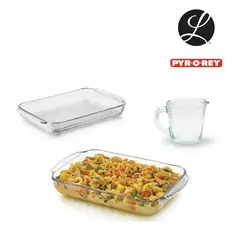 PYR O REY - Set De 2 Refractarias En Vidrio 2500 ML / 1900 ML / y Taza Medidora De 240 ML