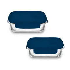 KITCHENWARE - SET X2 CONTENEDORES HERMETICOS RECTANGULARES EN VIDRIO CON DIVISIONES 580ML Y 980ML
