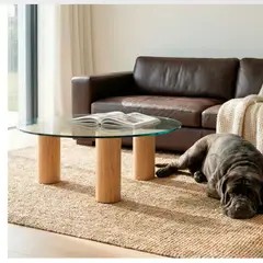 22 GRADOS DECORACION - Mesa de Centro Iki Diámetro 70cm Roble macizo y vidrio