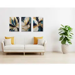 GENERICO - Cuadro Decorativo Tríptico Lienzo Barato 111 X 55 Cm Abstracto Dorado Azul