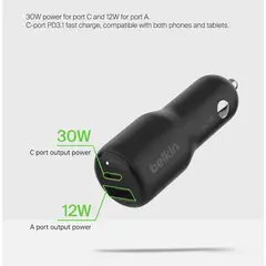 BELKIN - BOOSTCHARGE DUAL CAR CHARGER 42W + USB-C CABLE WITH LIGHTING CONNECTOR