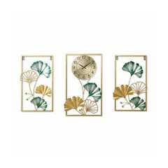 DECORIENTE - Set X3 Cuadros Con Reloj Latón 2111- Muran - Dorado Y Verde