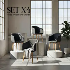 GENERICO - Set x 4 Silla de Diseño Ambar Entre Nos Home Gris Grafito Tapizada en Lino Premium