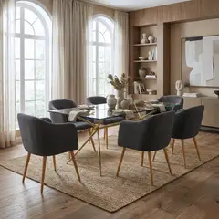 GENERICO - Juego de Comedor Ámbar 6 Puestos Mesa Rectangular Brie Cristal Templado y Dorado con Sillas Gris