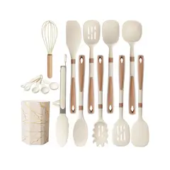 GENERICO - Set de utensilios de cocina de silicona con mango de bambú