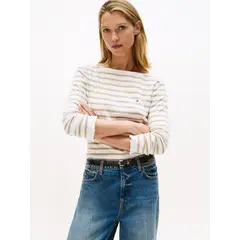 TOMMY HILFIGER - Saco blanco de cuello barco con diseño de rayas
