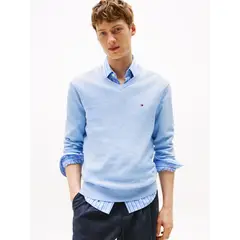 TOMMY HILFIGER - Saco celeste con cuello en V y logo bordado