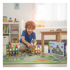 GENERICO - Fichas Magnéticas Bloques de Construcción 65 Piezas Mas 10 Carros